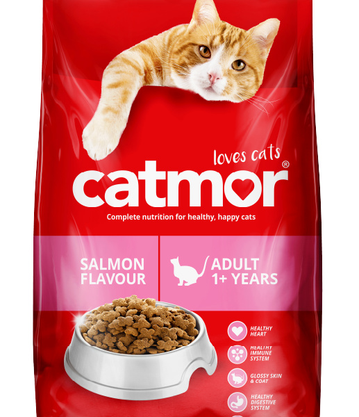 Catmor Adult Dry Cat Food, Salmon Flavour, a red and pink 1.75 kg bag of cat food showing a bowl full of kibble, emphasizing the Complete Nutrition formula which supports a healthy heart, immune system, glossy skin and coat, digestive system, and strong teeth and bones.