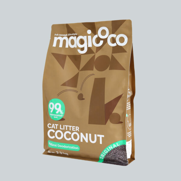 Front view of the Magicoco Coconut Cat Litter bag. The brown and green packaging is labeled 'CAT LITTER COCONUT ORIGINAL' and features a white cat icon jumping. A green bubble highlights '99% DEODORIZATION RATE.' The bag also states 'Natural Deodorization' and a net weight of 2.3kg.
