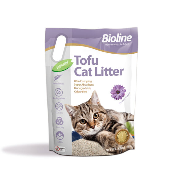 Front view of the Bioline Tofu Cat Litter bag in the Aquatic Bloom scent. The purple and white packaging features a tabby kitten lying in the litter next to a purple flower icon. The bag lists key features with icons, including 'Natural beans,' 'Bio-degradable,' 'Dust free,' and 'Clumping,' with a net content of 2.8KG (7L).