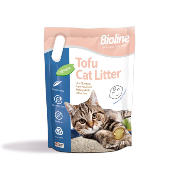 Front view of the Bioline Tofu Cat Litter bag. The peach and white packaging features a tabby cat lying in the litter and lists key features with icons, including 'Natural beans,' 'Bio-degradable,' 'Dust free,' and 'Clumping.' The bag is labeled 'Tofu Cat Litter' with 'Baby powder fragrance' and a net content of 7L.