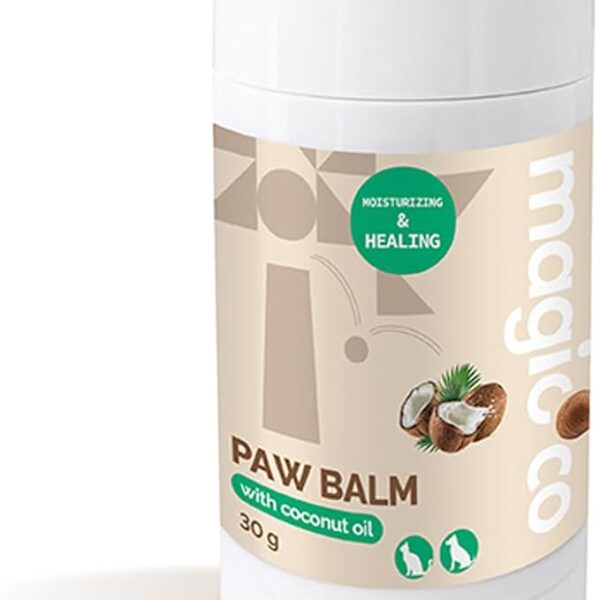 This image displays the Magicoco Paw Balm with Coconut Oil in a white, push-up stick format (30g). The label, featuring a subtle geometric pattern and illustrations of coconuts, indicates it is "MOISTURIZING & HEALING" and is intended for use on both dogs and cats. An adjacent image also shows the balm's dimensions as 3.6cm wide and 7.8cm tall.