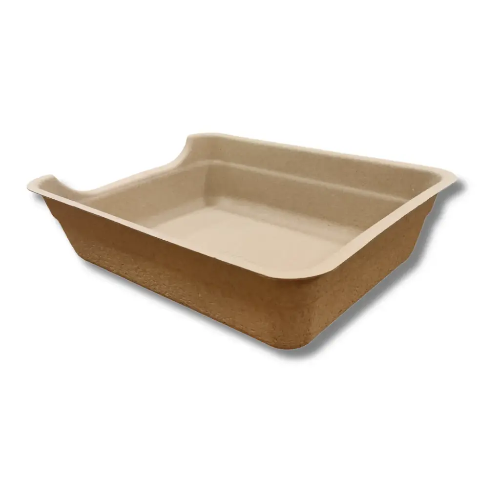 A rectangular, shallow, disposable cat litter tray made from a light tan, molded, eco-friendly material. The tray has slightly raised sides and a flattened lip on the front for easy entry.