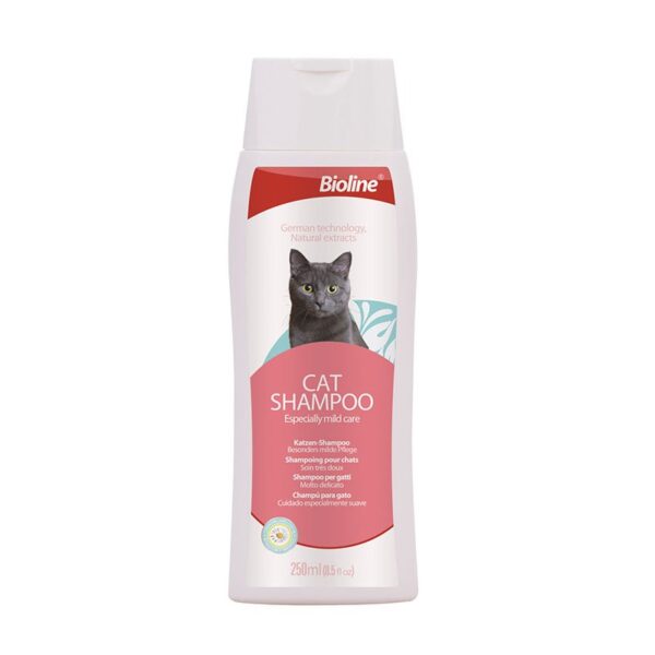 White plastic bottle of Bioline Cat Shampoo, 250ml size, for especially mild care, featuring an image of a gray cat on the label.