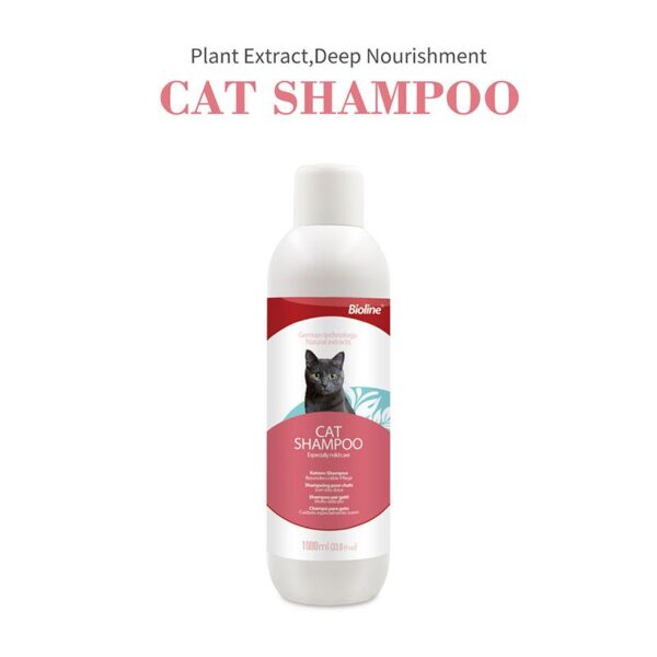 Large white plastic bottle of Bioline Cat Shampoo, 1000ml size, for especially mild care, featuring an image of a gray cat on the label.