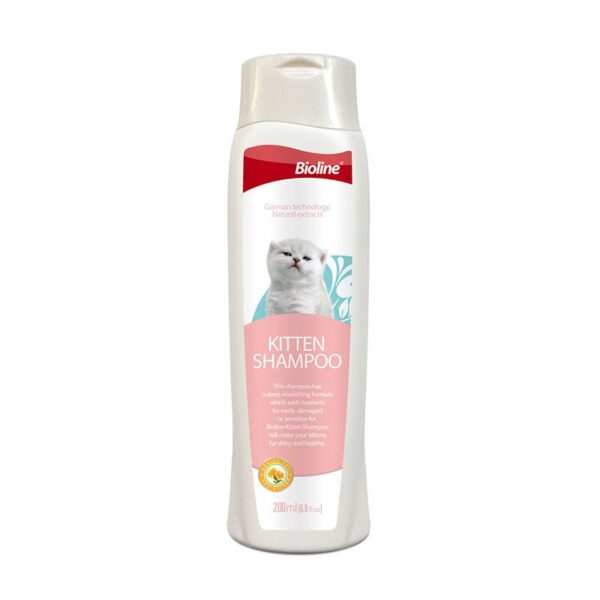 White plastic bottle of Bioline Kitten Shampoo, 200ml size, featuring a picture of a white kitten on the label.