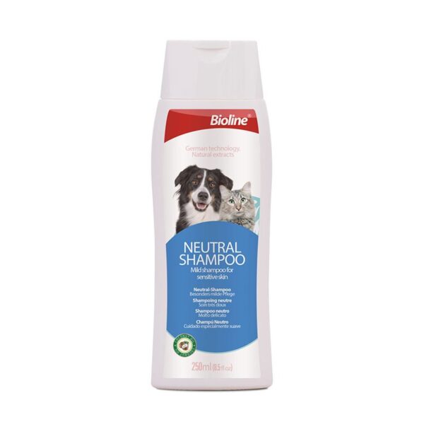 White plastic bottle of Bioline Neutral Shampoo for sensitive skin, featuring images of a border collie dog and a tabby cat on the label.