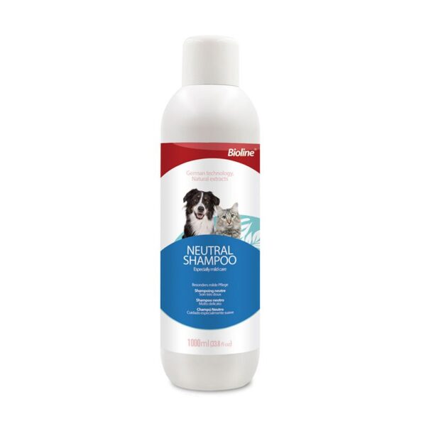 Tall white plastic bottle of Bioline Neutral Shampoo for sensitive skin, 1000ml size, featuring images of a border collie dog and a tabby cat on the label.