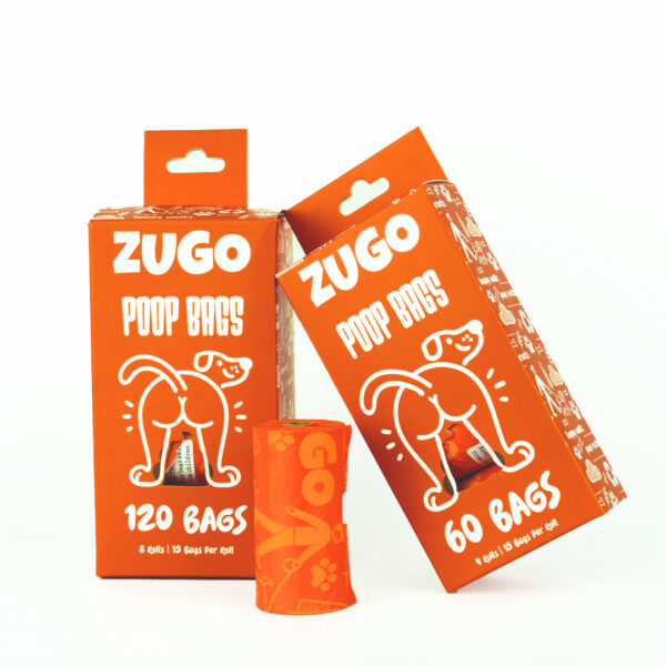 Two orange Zugo Poop Bag boxes, one containing 120 bags and one containing 60 bags, shown next to an unboxed orange roll of poop bags.