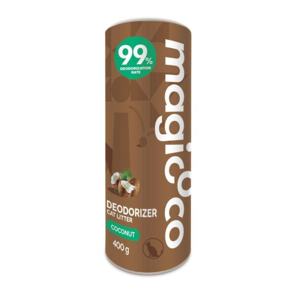 A cylindrical carton of Magicoco Coconut Cat Litter Deodorizer. The brown label features a coconut icon and highlights a '99% DEODORIZATION RATE' and '400g' net weight.