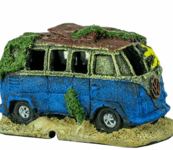 Mini Van Shipwreck Aquarium Decoration. A resin ornament shaped like a rustic, blue, algae-covered Volkswagen Microbus van resting on a sandy base.