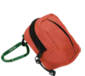 Doco Vertex Waste Bag Dispenser. A small, orange, rounded fabric pouch with a black zipper and a green carabiner clip attached.