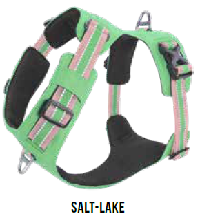 Doco Vertex Reflective Ultralight Mesh Dog Harness, model Salt-Lake. A bright lime green, padded, no-pull harness featuring black trim, reflective pink and white stripes, and metal D-rings on the chest and back.