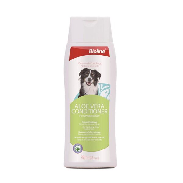 White plastic bottle of Bioline Aloe Vera Conditioner, 250ml size, for very special care, featuring an image of a black and white border collie on the label.