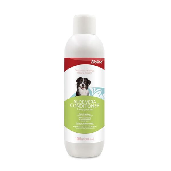Large white plastic bottle of Bioline Aloe Vera Conditioner, 1000ml size, for very special care, featuring an image of a black and white border collie on the label.