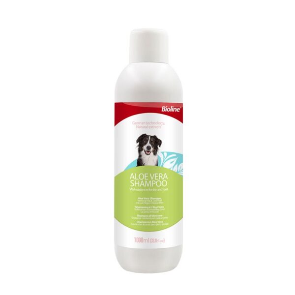 Large white plastic bottle of Bioline Aloe Vera Conditioner, 1000ml size, for very special care, featuring an image of a black and white border collie on the label.