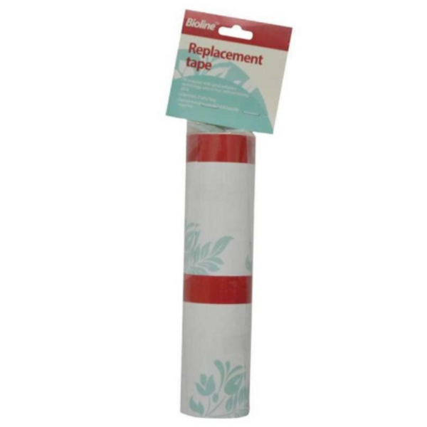 A clear plastic-wrapped package containing two white and red patterned Bioline replacement rolls for a pet hair roller. A red and white cardboard header on top reads 'Bioline Replacement tape'.