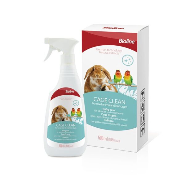 Bioline Cage Clean spray and box set. The white spray bottle and box feature an image of a floppy-eared rabbit and two small colorful birds on a branch. Text on both items identifies the product as 'CAGE CLEAN For small animal and bird cages' in multiple languages, with a volume of 500ml.