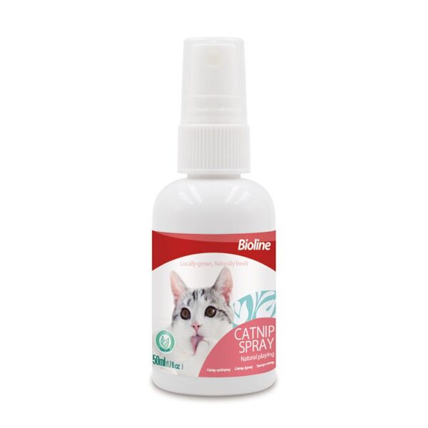 Front view of the Bioline Catnip Spray bottle. The small white spray bottle has a red and white label featuring a grey and white cat with its tongue sticking out and text that reads 'CATNIP SPRAY Natural playing,' with a volume of 50ml.