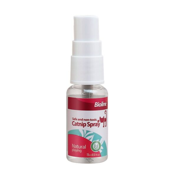 Front view of the small Bioline Catnip Spray bottle. The clear bottle has a white top and a red and white label with a cat icon, indicating it is 'Safe and non-toxic,' promotes 'Natural playing,' and contains 15ml.
