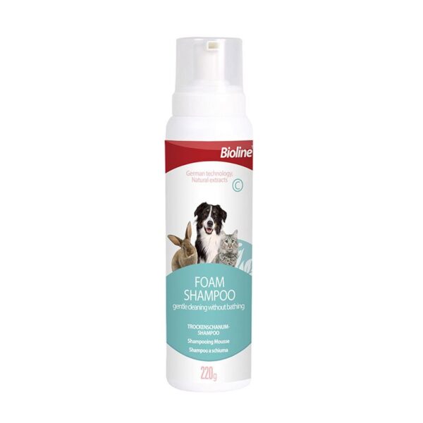 White bottle of Bioline Foam Shampoo, 220g size, for gentle dry cleaning without bathing, featuring images of a border collie dog, a tabby cat, and a rabbit on the label.