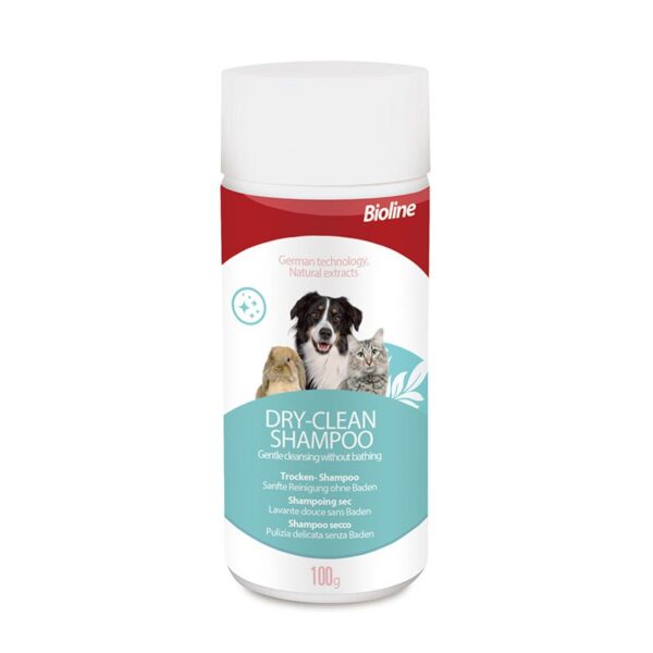 White bottle of Bioline Dry-Clean Shampoo powder for gentle cleansing without bathing, 100g size, featuring images of a border collie dog, a tabby cat, and a rabbit on the label.