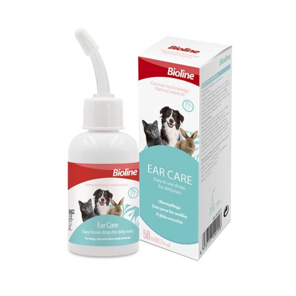 Product image of Bioline Ear Care drops (50 ml) featuring the white bottle with a curved dropper and the corresponding red and light blue box. The packaging notes "German technology, Natural extracts," and is "Easy to use drops for dirty ears" for dogs, cats, and other small animals. Illustrations of a cat, dog, and rabbit are on the label and box.