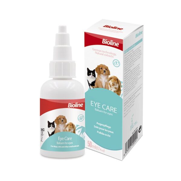 Product image of the Bioline Eye Care drops (50 ml, "Balsam for eyes") featuring the white bottle with a dropper tip and the corresponding red and light blue box. The packaging notes "German technology, Natural extracts" and includes illustrations of a cat, dog, and rabbit.
