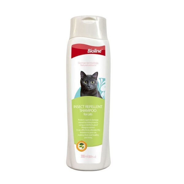 White plastic bottle of Bioline Margosa Cat Shampoo, 200ml size, an insect-repellant shampoo for cats, featuring an image of a ginger and white cat on the label.
