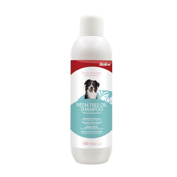 Large white plastic bottle of Bioline Neem Tree Oil Shampoo, 1000ml size, for mild care against parasites, featuring an image of a black and white dog on the label.