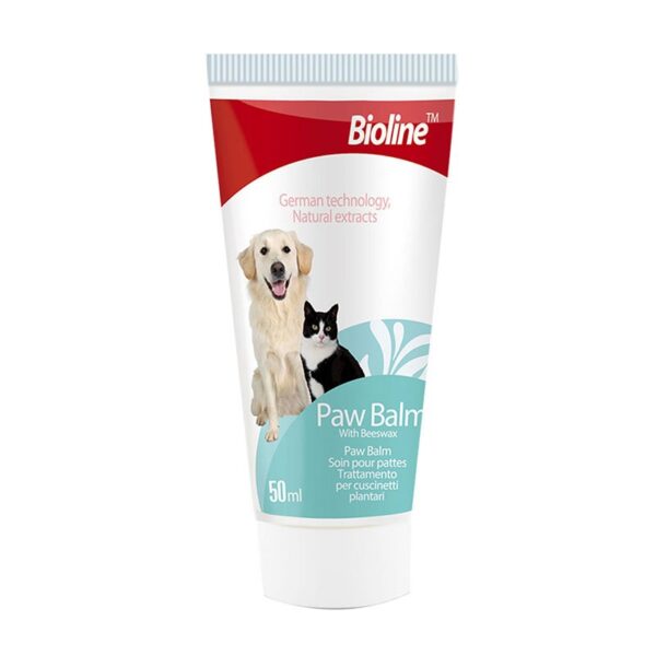 This image shows the Bioline Paw Balm with Beeswax (50 ml) tube standing upright against a white background. The white tube features red and light blue accents and a label that highlights "German technology, Natural extracts". It includes illustrations of a Golden Retriever and a black and white cat, indicating its use for both dogs and cats.