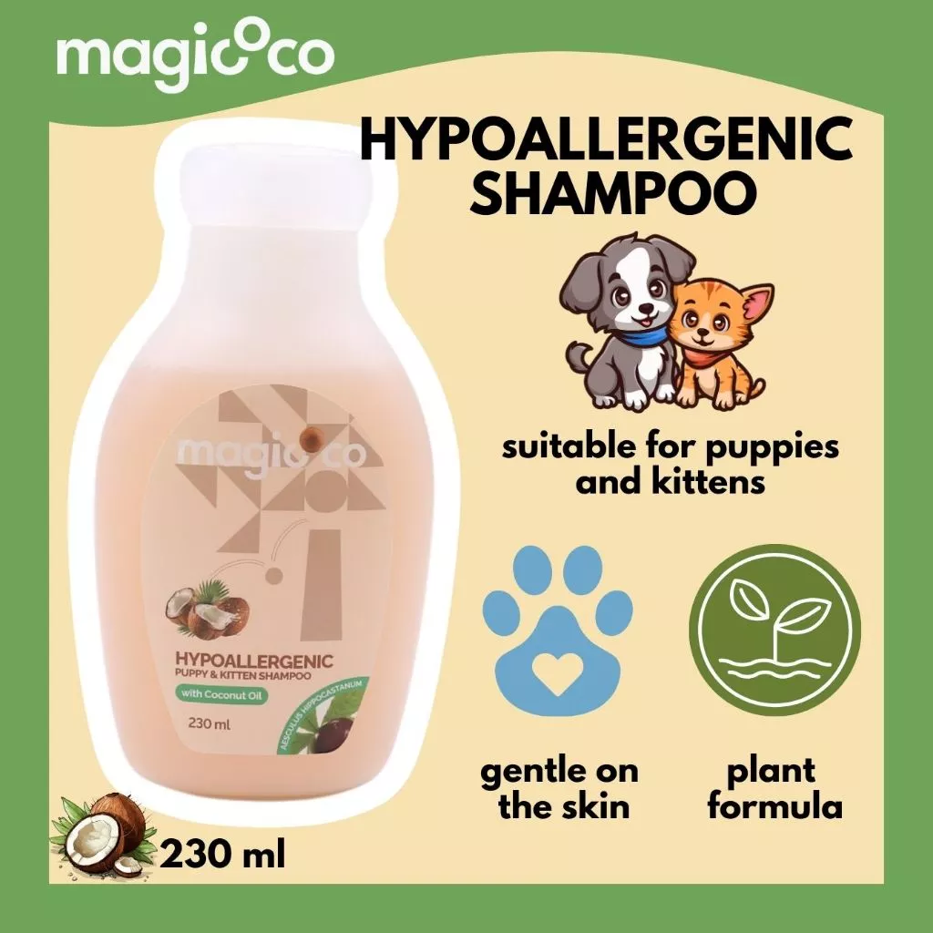 Product advertisement for magicoco Hypoallergenic Shampoo (230 ml) featuring the bottle alongside the claims: "suitable for puppies and kittens," "gentle on the skin" (with a paw icon), and "plant formula" (with a leaf icon).