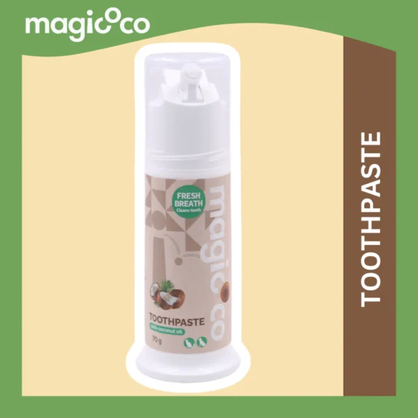 Full view of the Magicoco Pet Toothpaste 70g bottle with a pump dispenser. The label indicates it is toothpaste with coconut oil for fresh breath.
