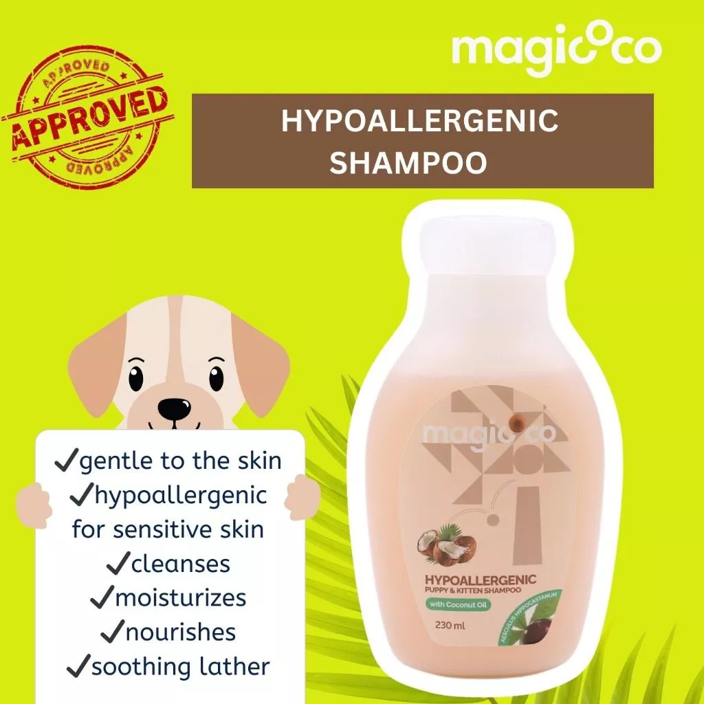 Product advertisement for magic.co Hypoallergenic Shampoo featuring a puppy illustration holding a sign with a checklist of benefits: gentle to the skin, hypoallergenic for sensitive skin, cleanses, moisturizes, nourishes, and soothing lather. A prominent "APPROVED" stamp is also displayed.