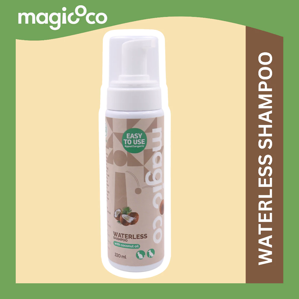 Product advertisement for the magicoco WATERLESS SHAMPOO (220 ml) bottle, presented simply on a two-toned green and brown background.