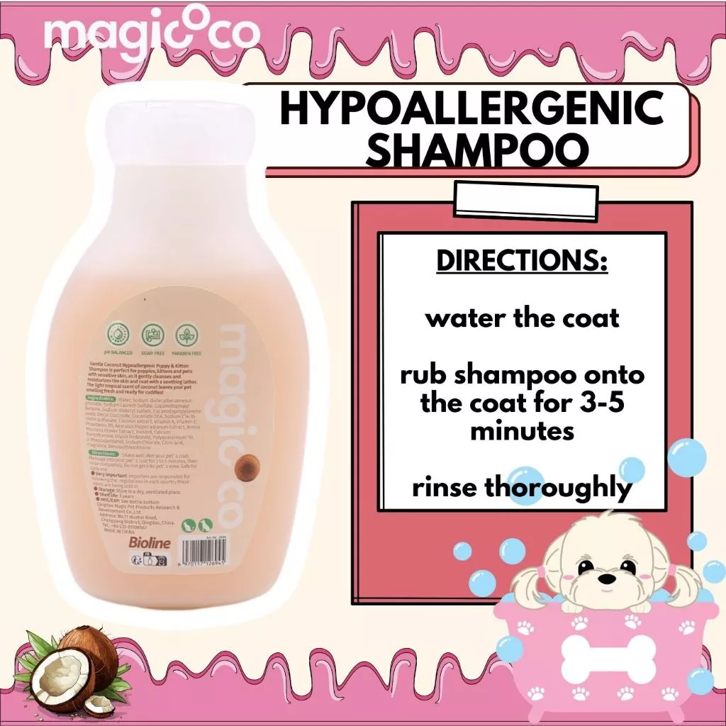 Product advertisement for magicoco Hypoallergenic Shampoo displaying the product bottle and a "DIRECTIONS" guide: "water the coat," "rub shampoo onto the coat for 3-5 minutes," and "rinse thoroughly." An illustration of a puppy in a pink bathtub is also featured.