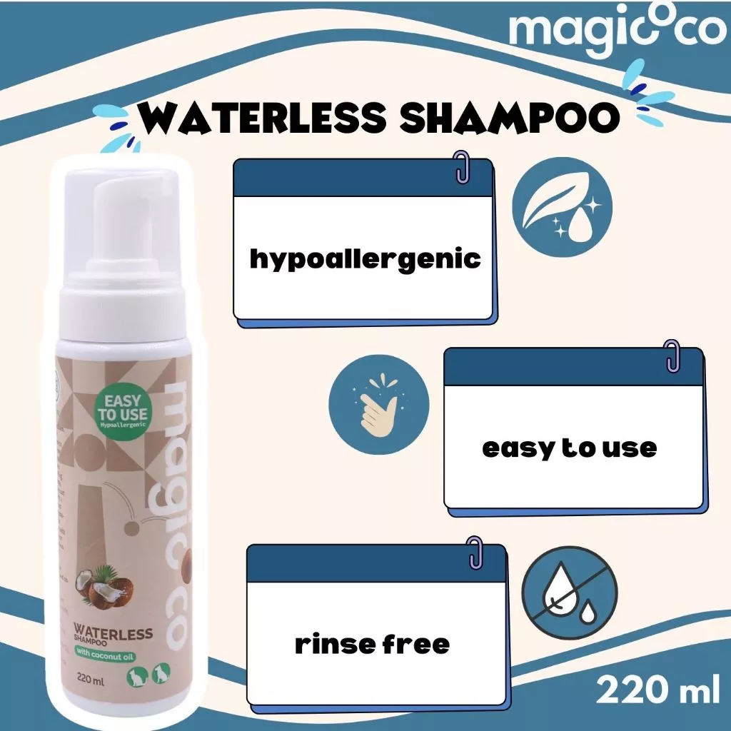 Product advertisement for magicoco WATERLESS SHAMPOO (220 ml) highlighting its main benefits: hypoallergenic, easy to use, and rinse free, with accompanying icons.