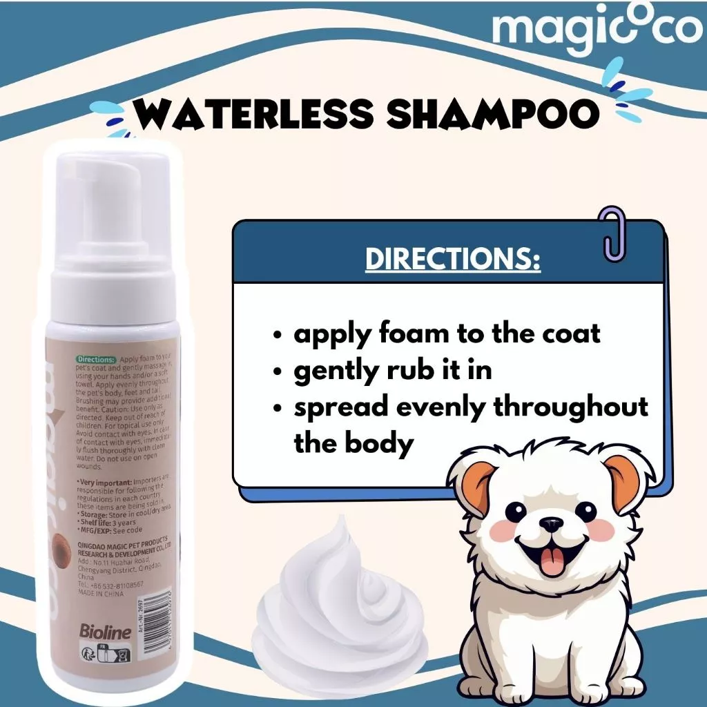 Product advertisement for magicoco WATERLESS SHAMPOO showing the back of the bottle and a large direction panel: apply foam to the coat, gently rub it in, and spread evenly throughout the body. The image also includes an illustration of a happy white puppy and a pile of foam.