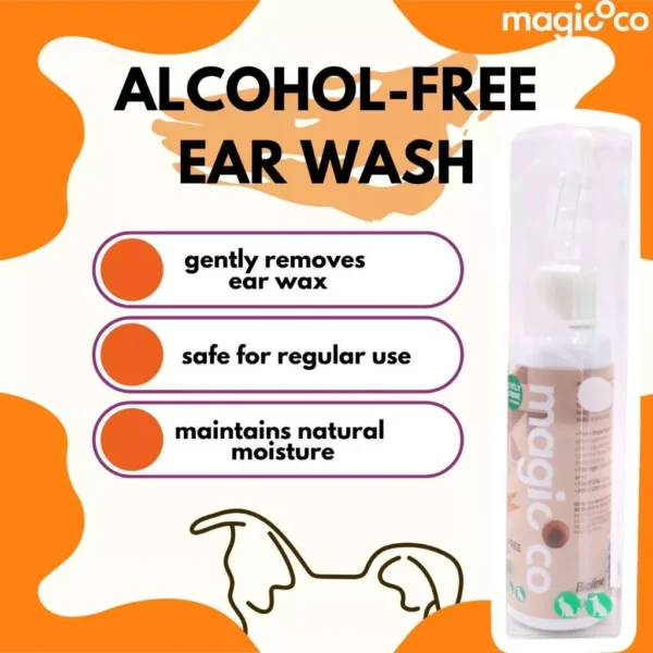 Product advertisement for Magicoco Alcohol-Free Ear Wash (foaming bottle shown) highlighting benefits: gently removes ear wax, safe for regular use, and maintains natural moisture.