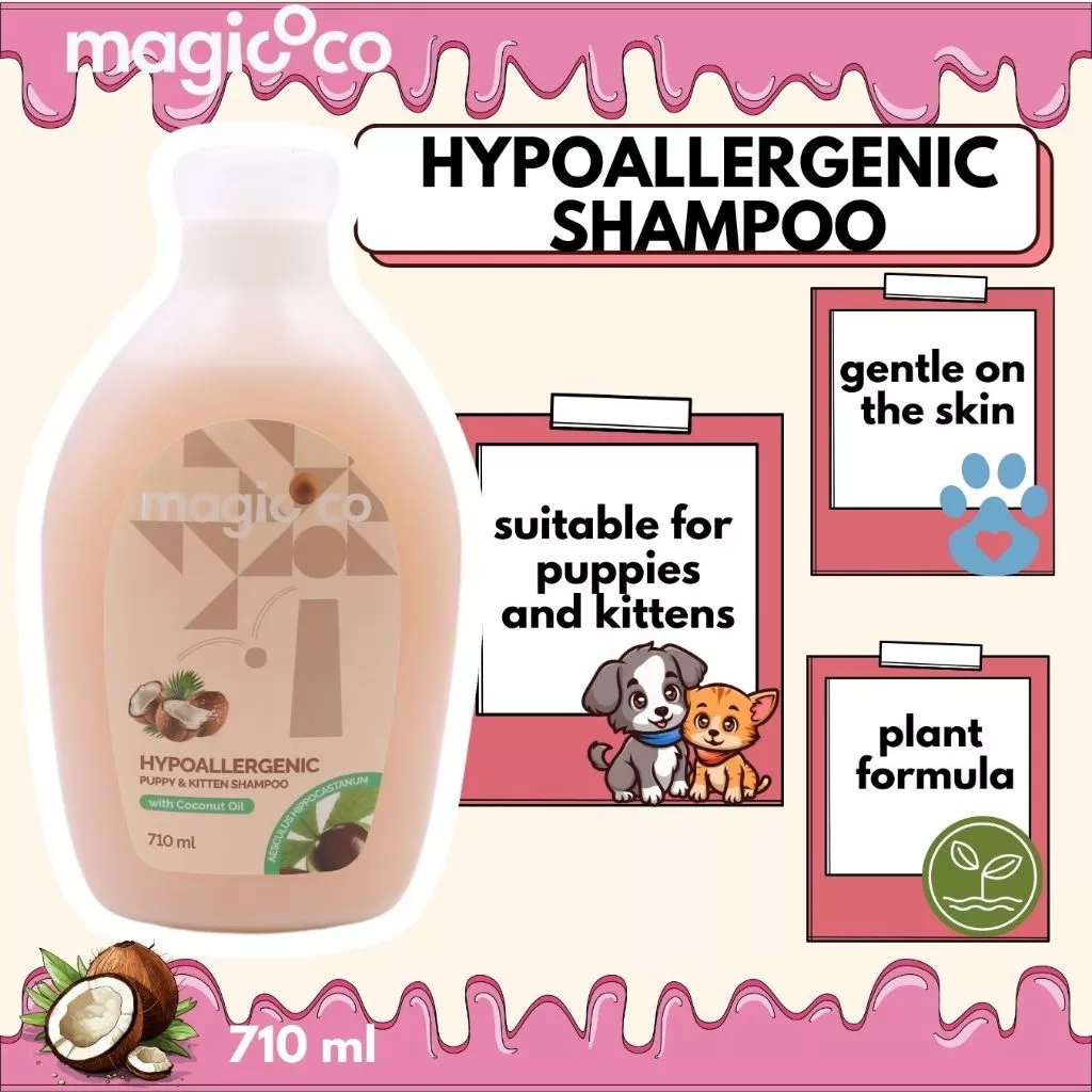 Product advertisement for magicoco Hypoallergenic Puppy & Kitten Shampoo with Coconut Oil (710 ml). The graphic highlights the product features: HYPOALLERGENIC SHAMPOO, gentle on the skin, suitable for puppies and kittens, and plant formula. The image includes illustrations of a puppy and a kitten.