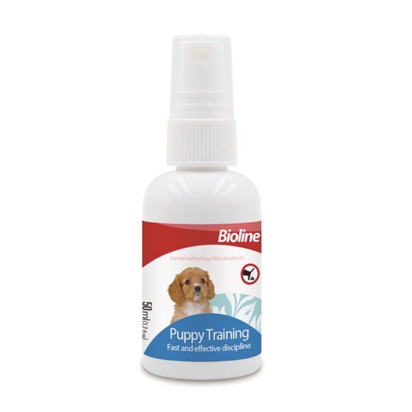 Front view of the Bioline Puppy Training Spray bottle. The small white bottle has a red and blue label showing a puppy and text that reads 'Bioline Puppy Training: Fast and effective discipline'.