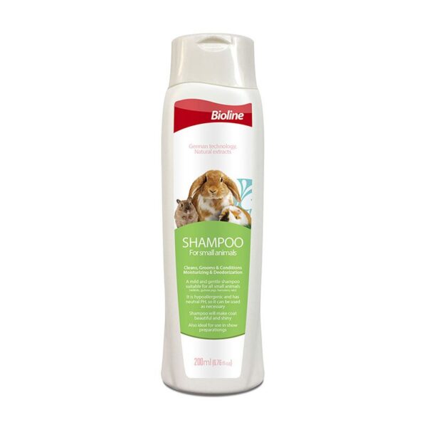 Front view of the Bioline Shampoo for Small Animals bottle. The white bottle features a green and red label with images of a rabbit, hamster, and guinea pig. Text indicates it's a mild, hypoallergenic, and pH-neutral shampoo that cleans, grooms, conditions, and deodorizes fur, with a volume of 200ml.