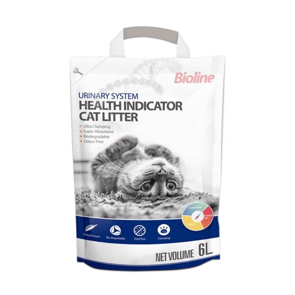 Front view of the Bioline Urinary System Health Indicator Cat Litter bag. The white bag features a black and white photo of a cat rolling playfully and lists features: 'Ultra Clumping,' 'Super Absorbent,' 'Biodegradable,' and 'Odour Free.' A small color wheel indicates the litter changes color from yellow to green/blue or red to indicate health status. Net volume is 6L.