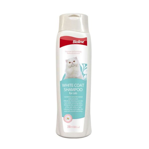 White plastic bottle of Bioline White Coat Shampoo for cats, 200ml size, featuring an image of a fluffy white cat on the label.