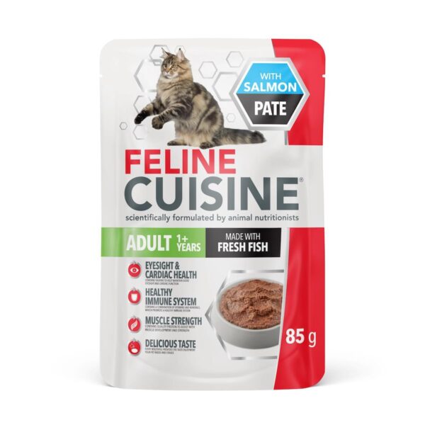 Packshot of Feline Cuisine Adult wet cat food in a pouch, 85g, "With Salmon Paté." The packaging highlights benefits like Eyesight & Cardiac Health, Healthy Immune System, Muscle Strength, and Delicious Taste, and that it's made with fresh fish.