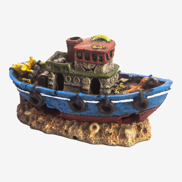 Rocky Shipwreck aquarium ornament, a realistic fish tank decoration featuring a blue and red sunken boat with barnacles
