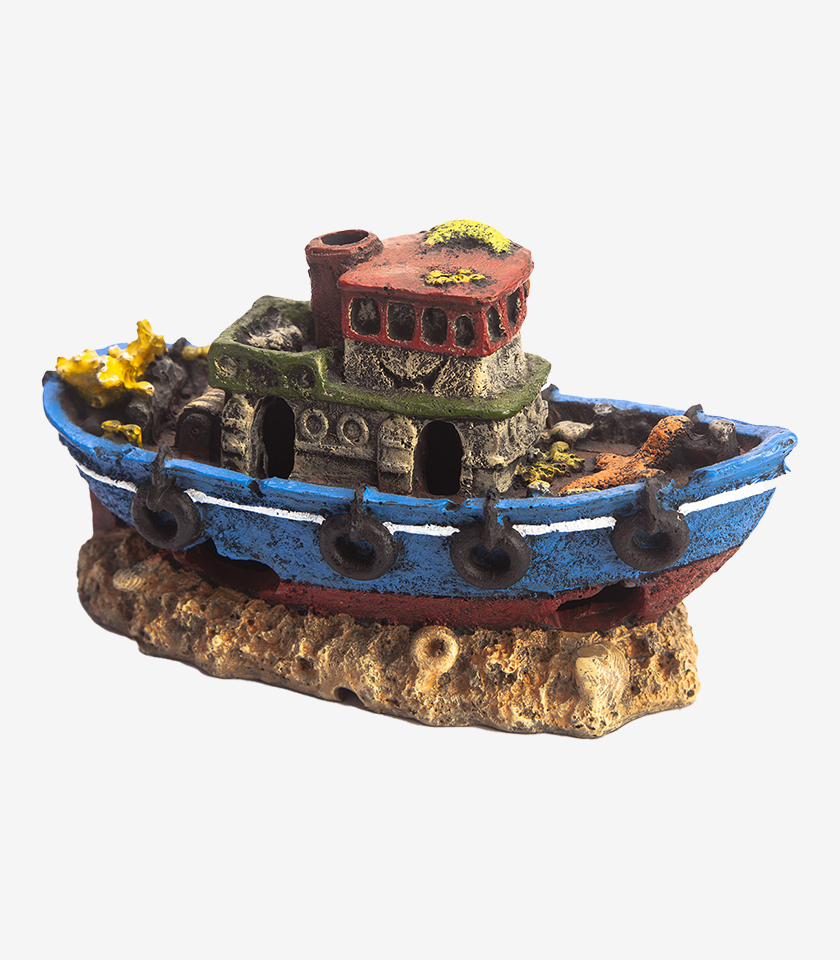 Rocky Shipwreck aquarium ornament, a realistic fish tank decoration featuring a blue and red sunken boat with barnacles