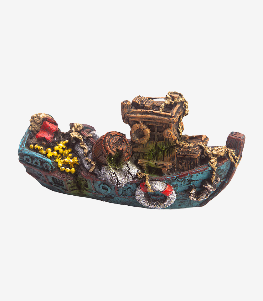 Lost Voyage Shipwreck aquarium decoration, a detailed blue and red resin shipwreck with weathered textures and coral accents, 13.5 cm long.