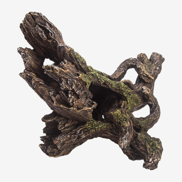 Twisted Timber I aquarium decoration, a gnarled piece of twisted wood with intricate bark textures and patches of green moss.