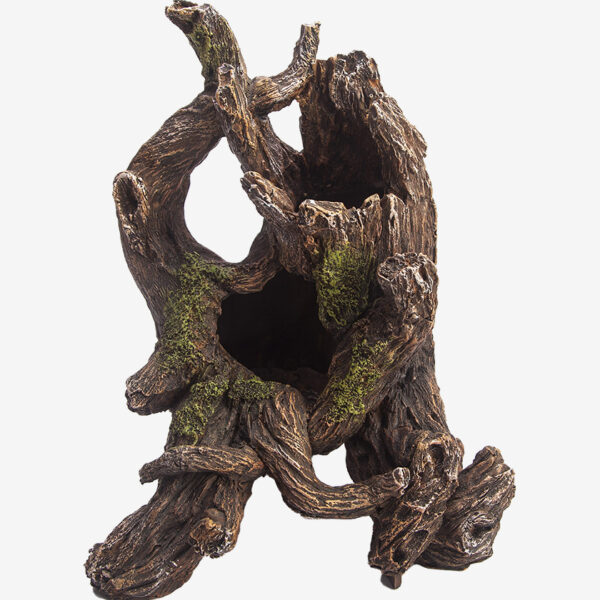 Twisted Timber II aquarium decoration, a large hollowed-out piece of gnarled wood with realistic textures and patches of green moss.