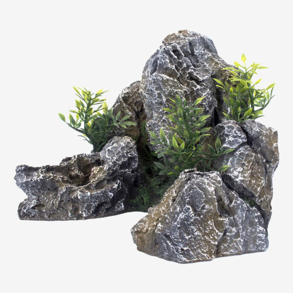Rocky Garden aquarium decoration, a multi-level rock formation with craggy textures and vibrant green plants.